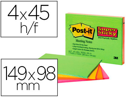 Bloco Notas Adesivas Post-It Super Sticky 152X101mm c/45 Folhas (4 Unidades) Cores Neon
