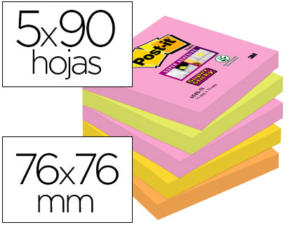 Bloco Notas Adesivas Post-It Super Sticky 76X76 mm c/ 90 Folhas (5 Blocos) Cores Sortidas Cape Tow