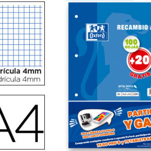 Recarga Oxford Din A4 100 + 20 Folhas Gratis 90 Gr Quadricula 4 mm 4 Furos