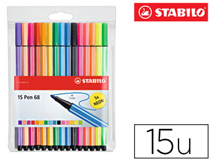 Marcador Stabilo Aguarelavel Pen 68 Estojo de 10 Cores Standard + 5 Cores Neon