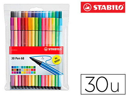 Marcador Stabilo Aguarelavel Pen 68 Estojo de 24 Cores Standard + 6 Cores Neon
