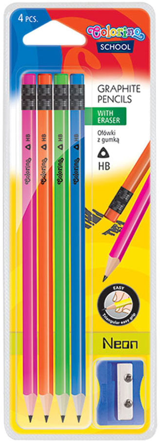 Blister 4 Lápis Hexa Neon HB c/ Borracha + Afia - COLORINO