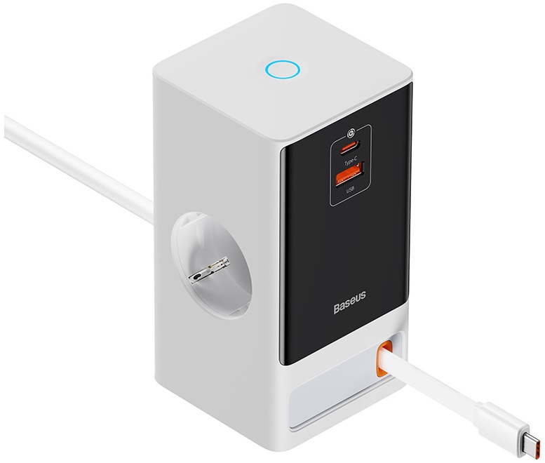 Tomada Elétrica PowerCombo c/ 2x Tomadas CA + 1x USB-C + 1x USB-A 65W (Branco) - BASEUS