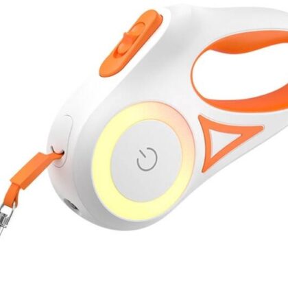 Trela Retrátil 3 mts c/ Luz LED e RGB p/ Animais de Estimação (Laranja) - ROJECO
