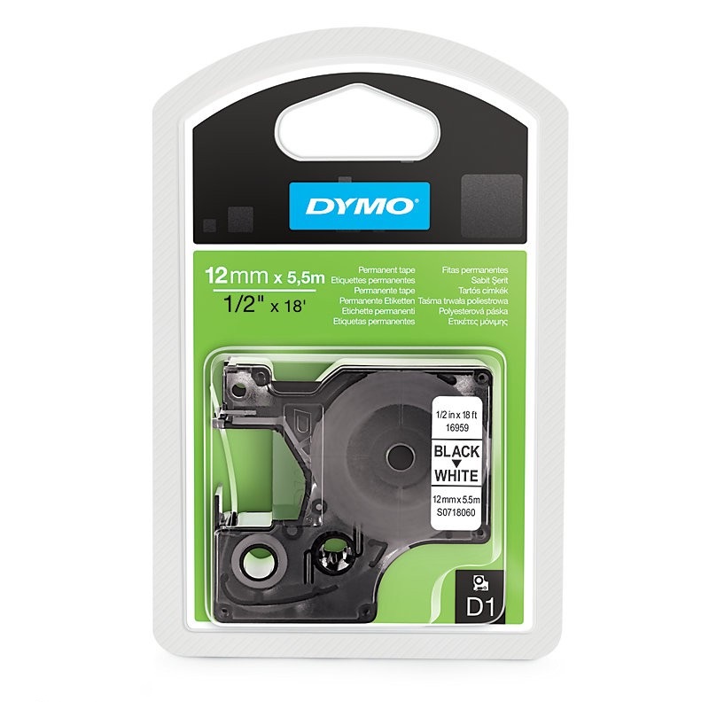 Fita Preto Sobre Branco (5,5 mts/1,2cm) - DYMO