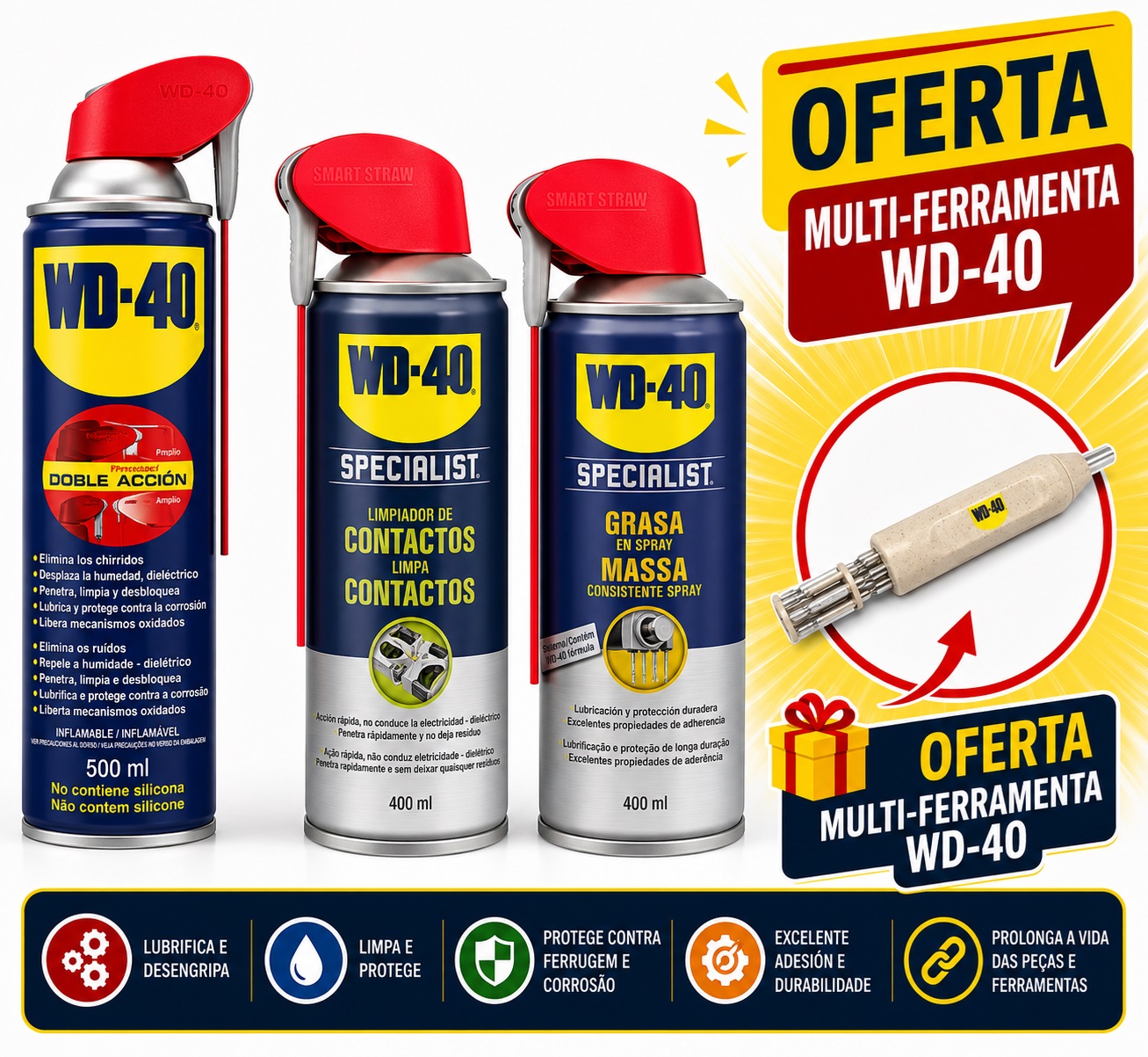 Pack FERRAMENTAS IMPECÁVEIS (Spray WD-40 500ml + Spray Limpa Contactos + Massa Consistente) - WD-40