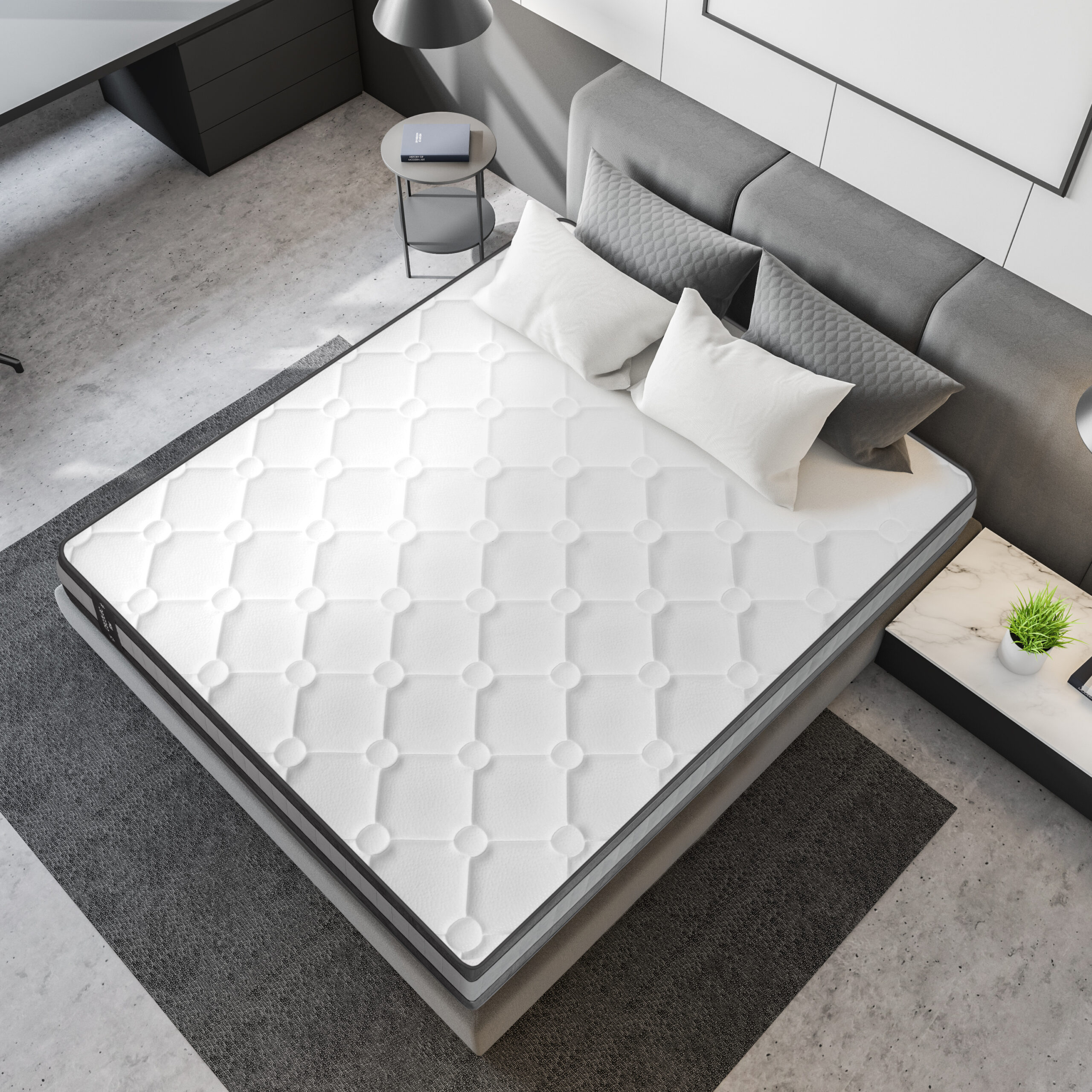Top,View,Of,Comfortable,Bedroom,With,White,Walls,,Concrete,Floor,
